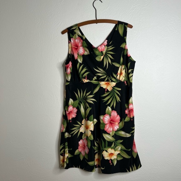 Vintage Jade Fashions Black Yellow Botanical Print Surplice Neckline Dress Sz L - Picture 1 of 12